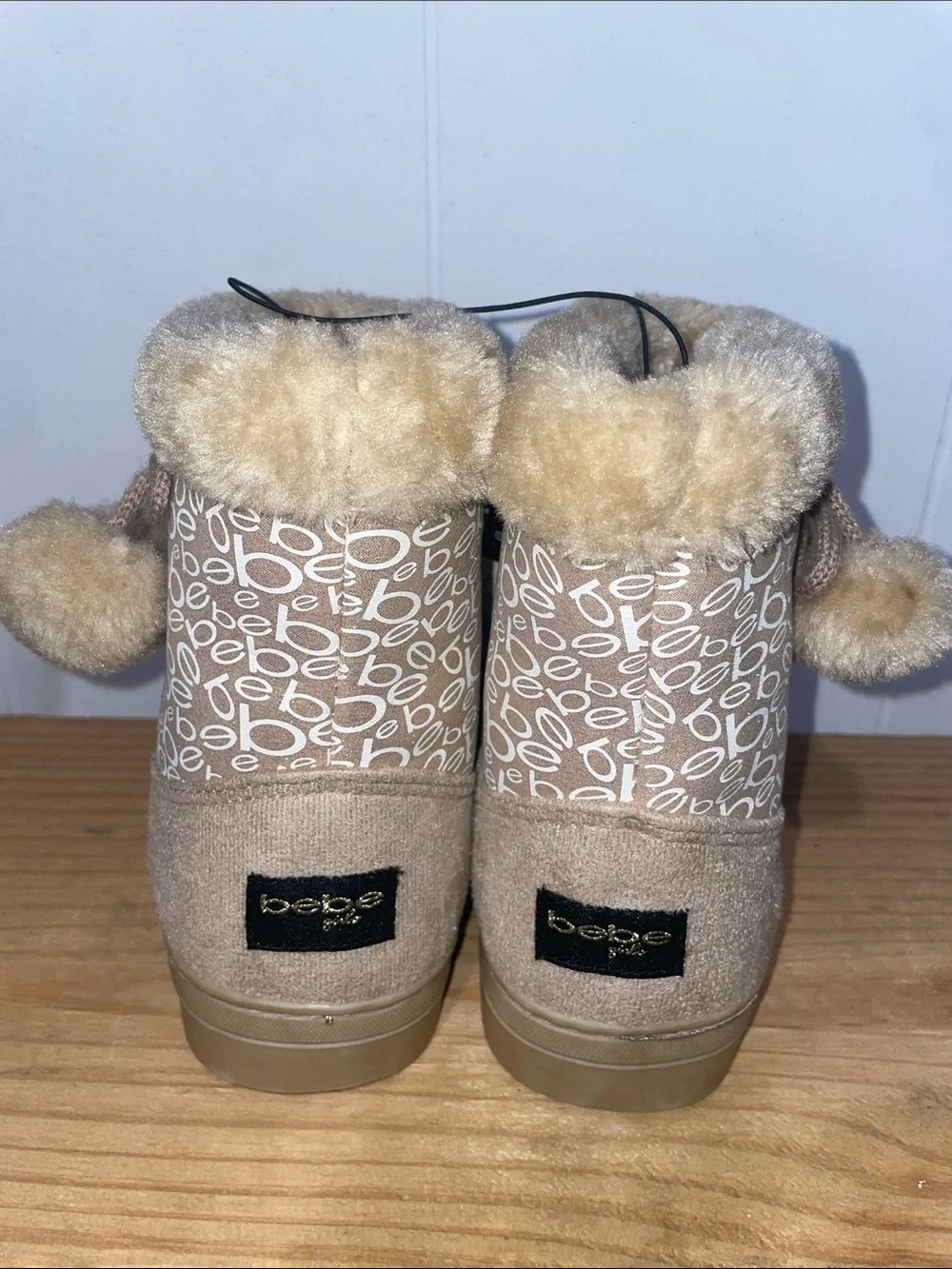 bebe Tan Logo Pom-Pom Shearling Cuff Boots